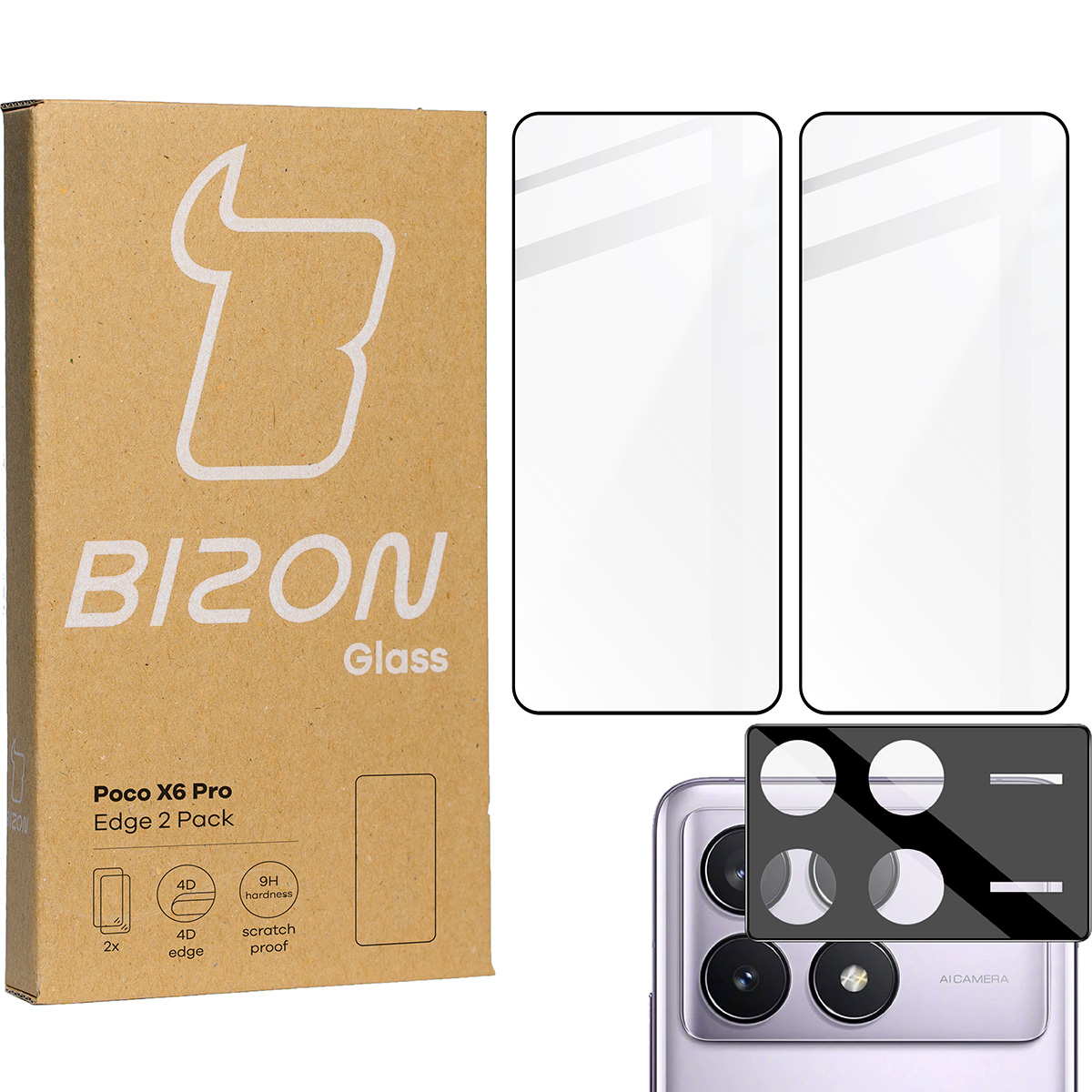 Szkło hartowane Bizon Glass Edge - 2 sztuki + ochrona na obiektyw, Xiaomi Poco X6 Pro
